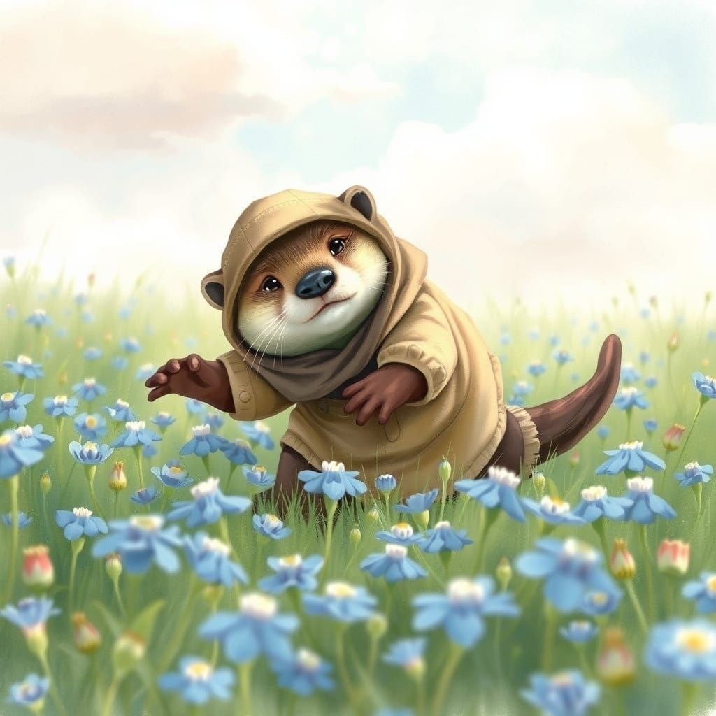 Playful Otter Pup in Bluebonnets: Watercolor Art