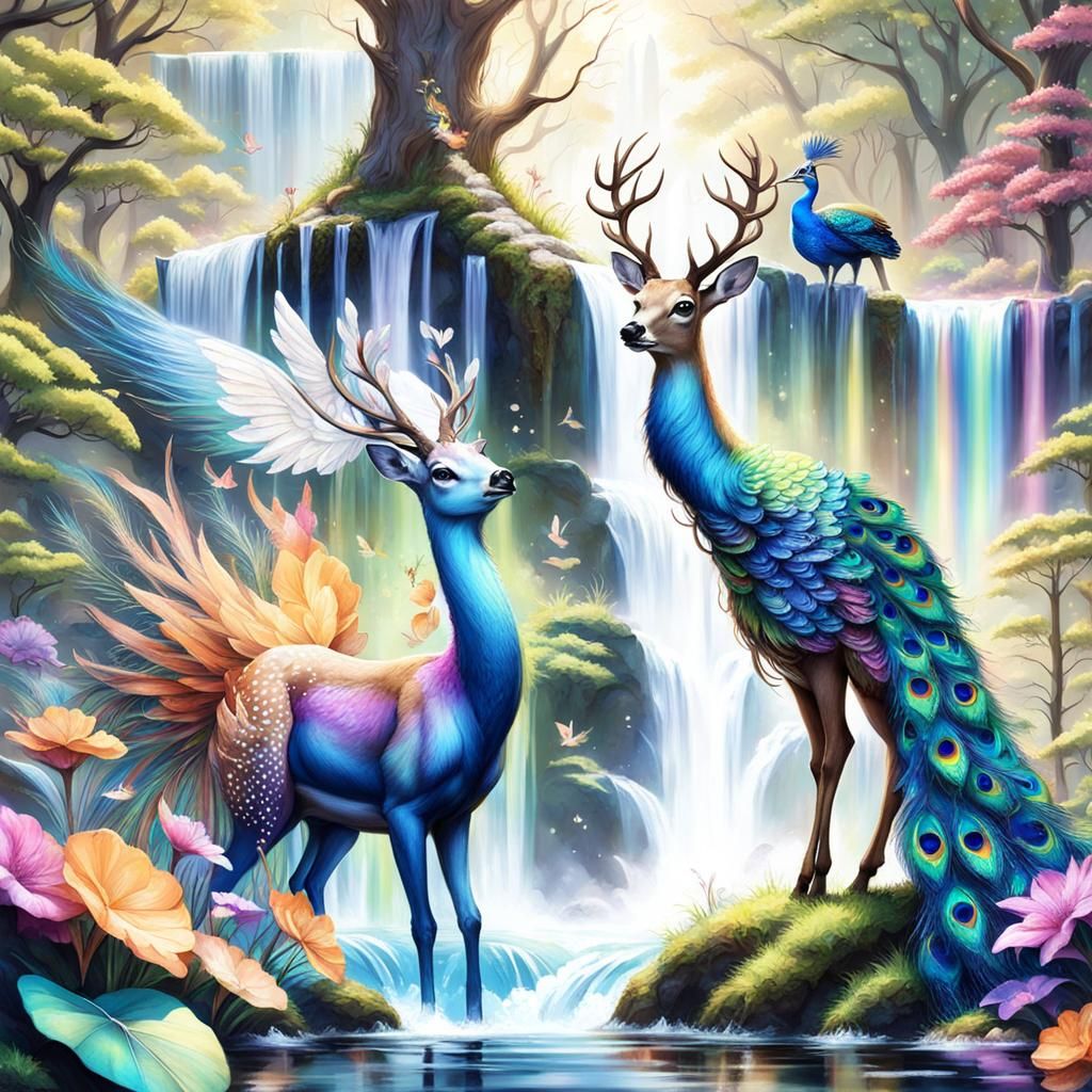 Rainbow Deer-Peacock Hybrid in Enchanted Forest