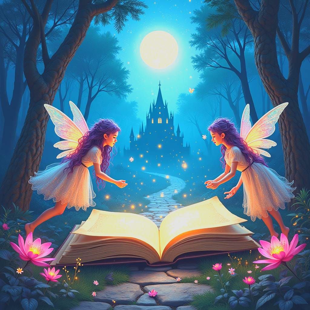 Enchanted Book in Magical Forest with Fairies