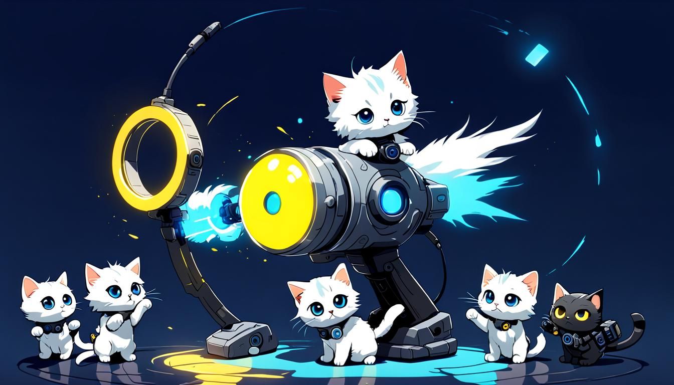 Fluffy kittens testing a high tech plasma pistol