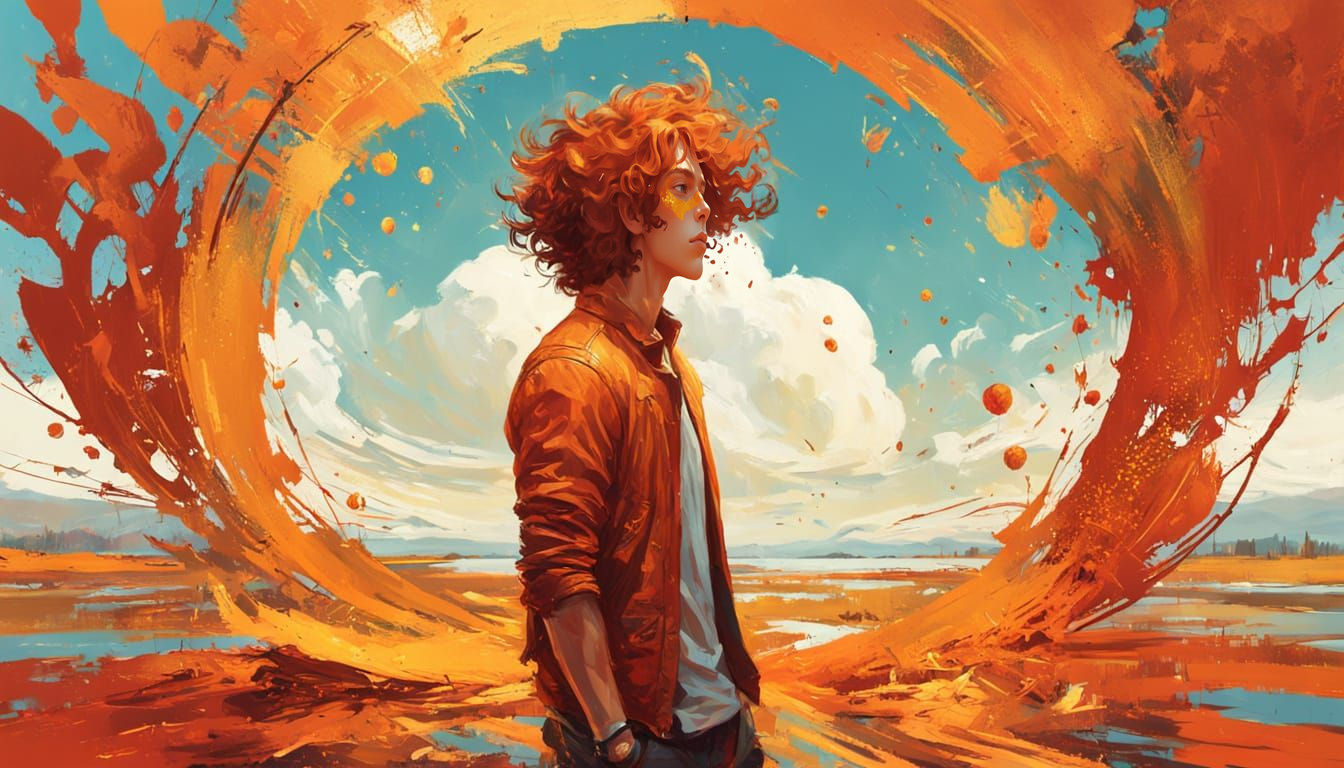 Boy with Auburn Hair and Sapphire Splatterpunk Art