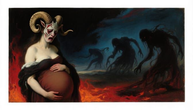 Demonic Mother's Serene Pregnancy in Gothic Oil Painting Sty...