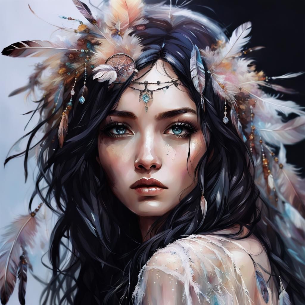 Ethereal Chibi Female with Feathers and Crystals