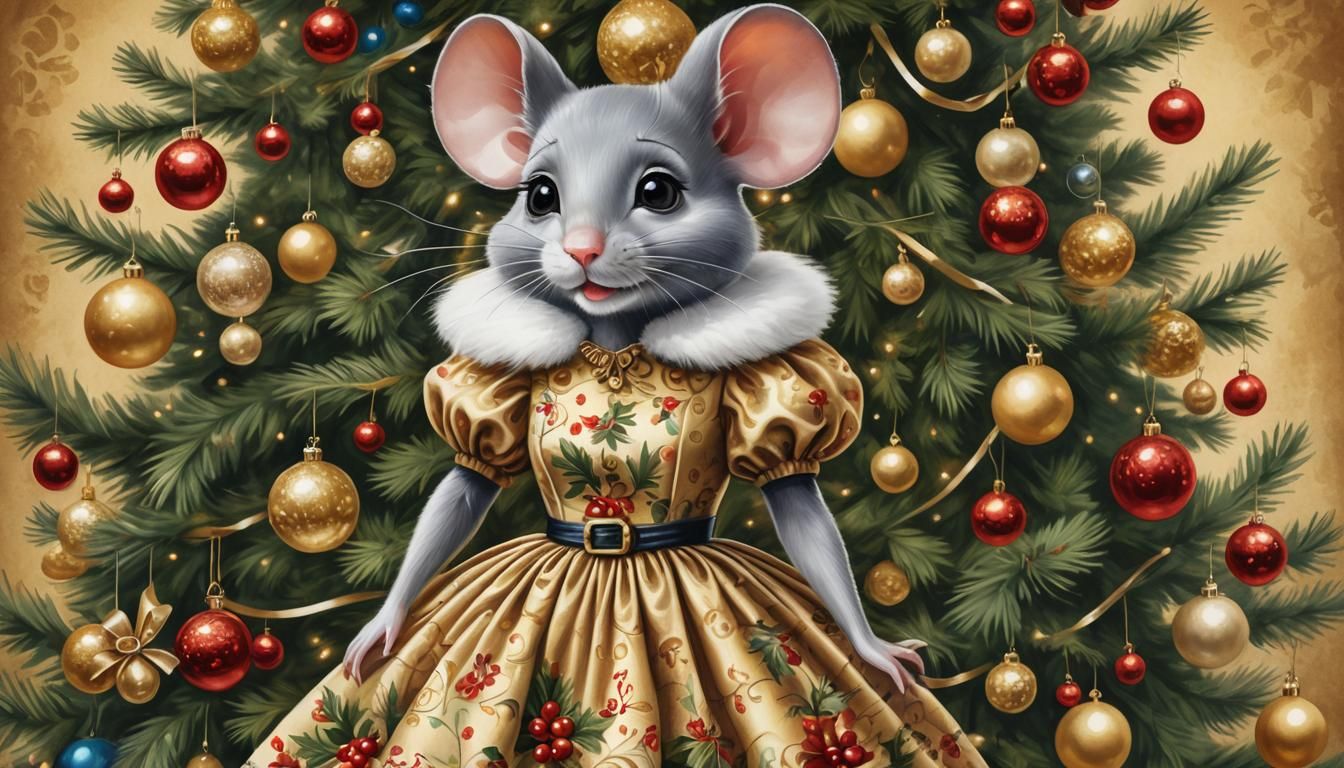 Anthropomorphic Mouse Beside Christmas Tree in Digital Paint...