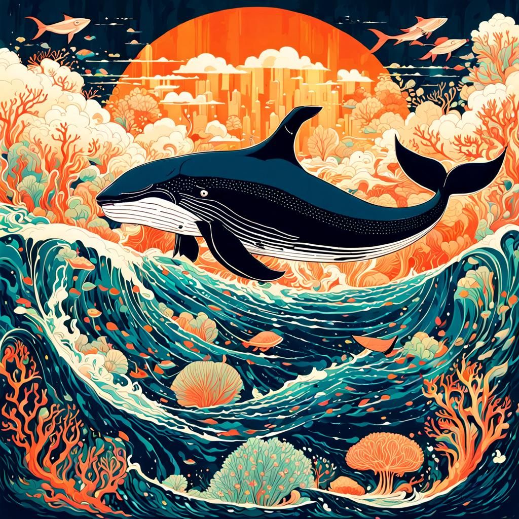 Whale Carrying Coral City, Detailed Illustration