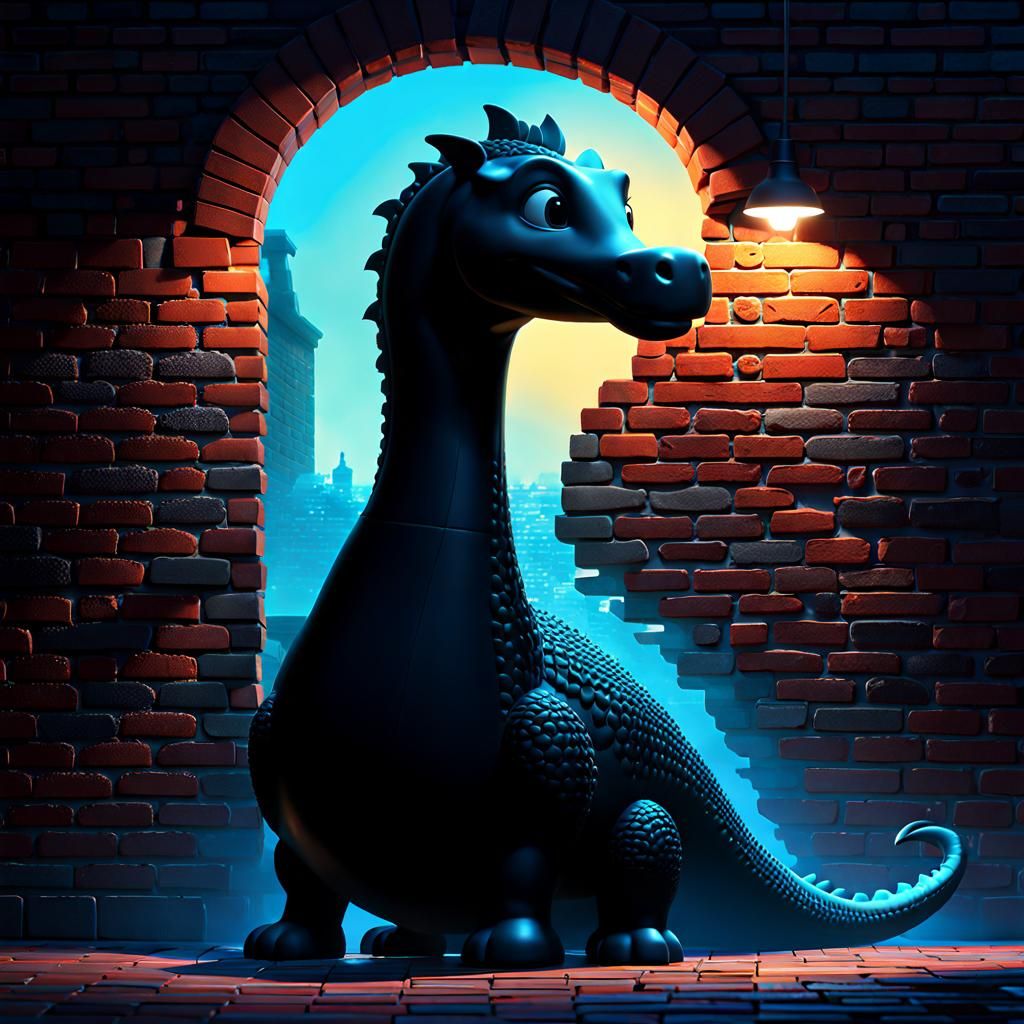 Nessie Silhouette on Brick Wall in 3D Style