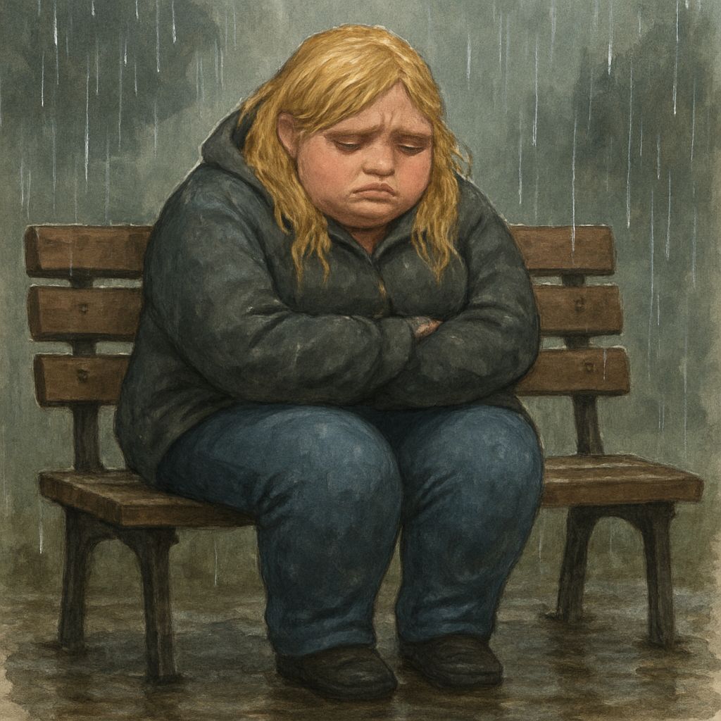Lonely Blonde Woman Sitting on Bench in Rain