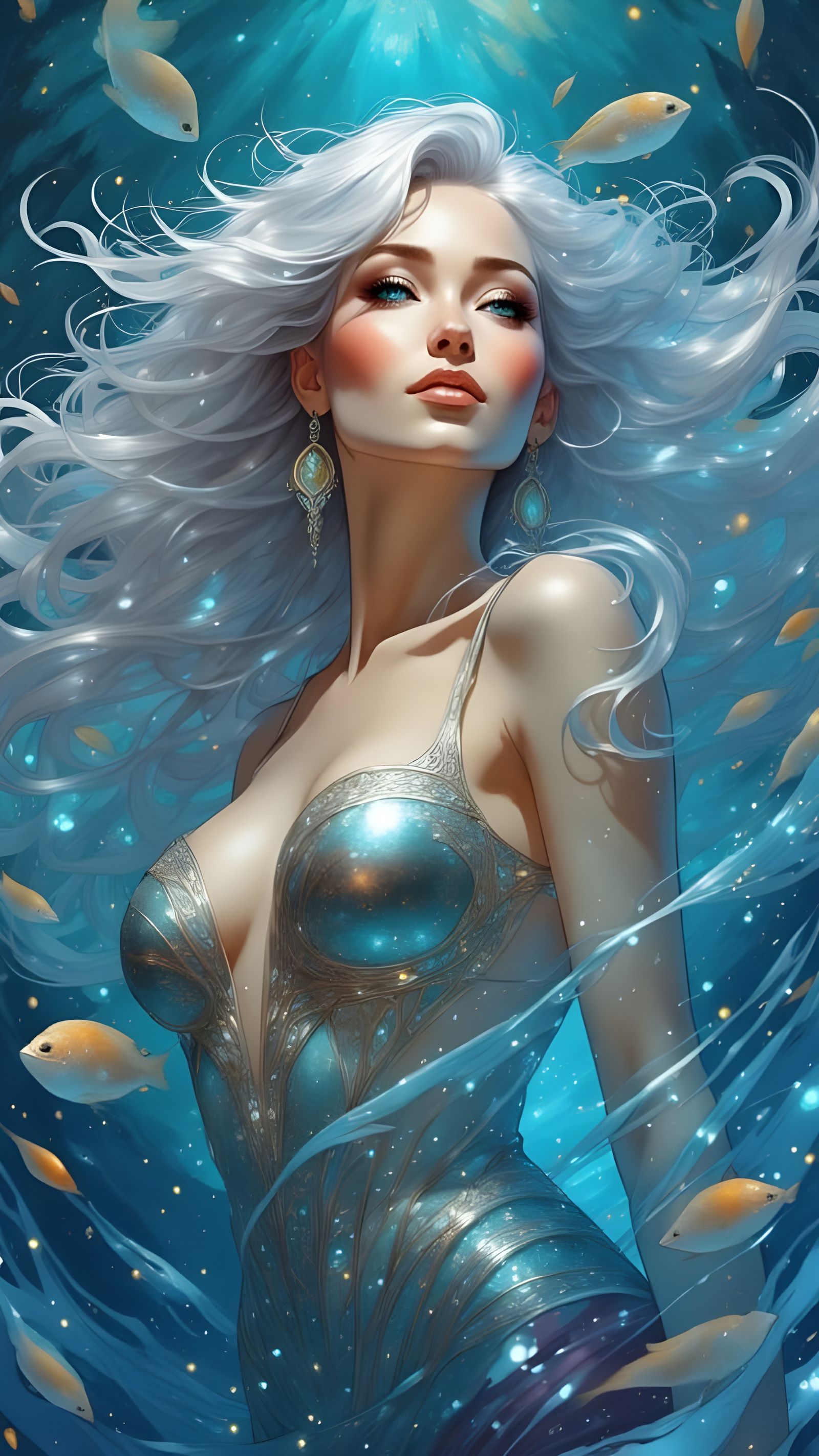 Silver-Haired Mermaid in Inked Art Style