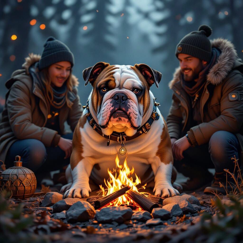 Determined Bulldog by Campfire with Owners, Fantasy Concept ...