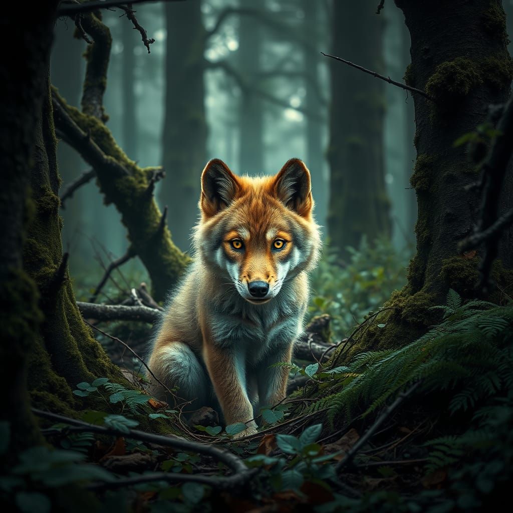 Wolf Cub in Dense Forest Thicket