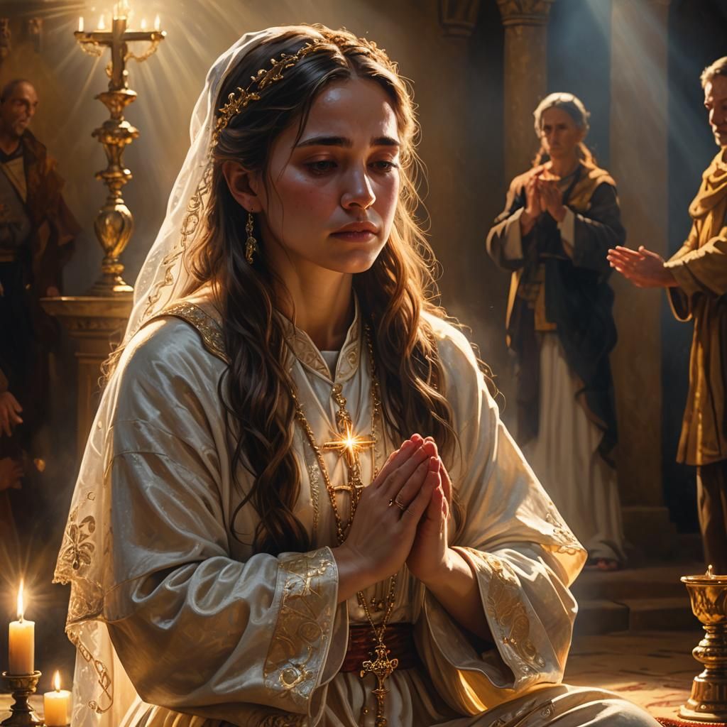 Girl Praying in Golden Light: Cinematic Oil Painting