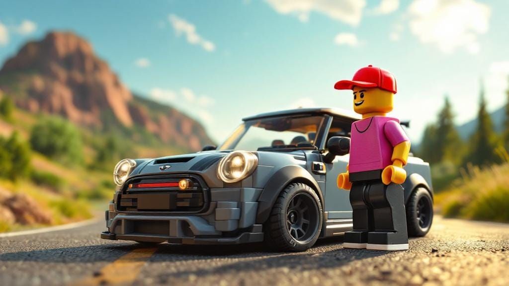 Lego Mini Cooper JCW and Man in Photorealistic CGI Style