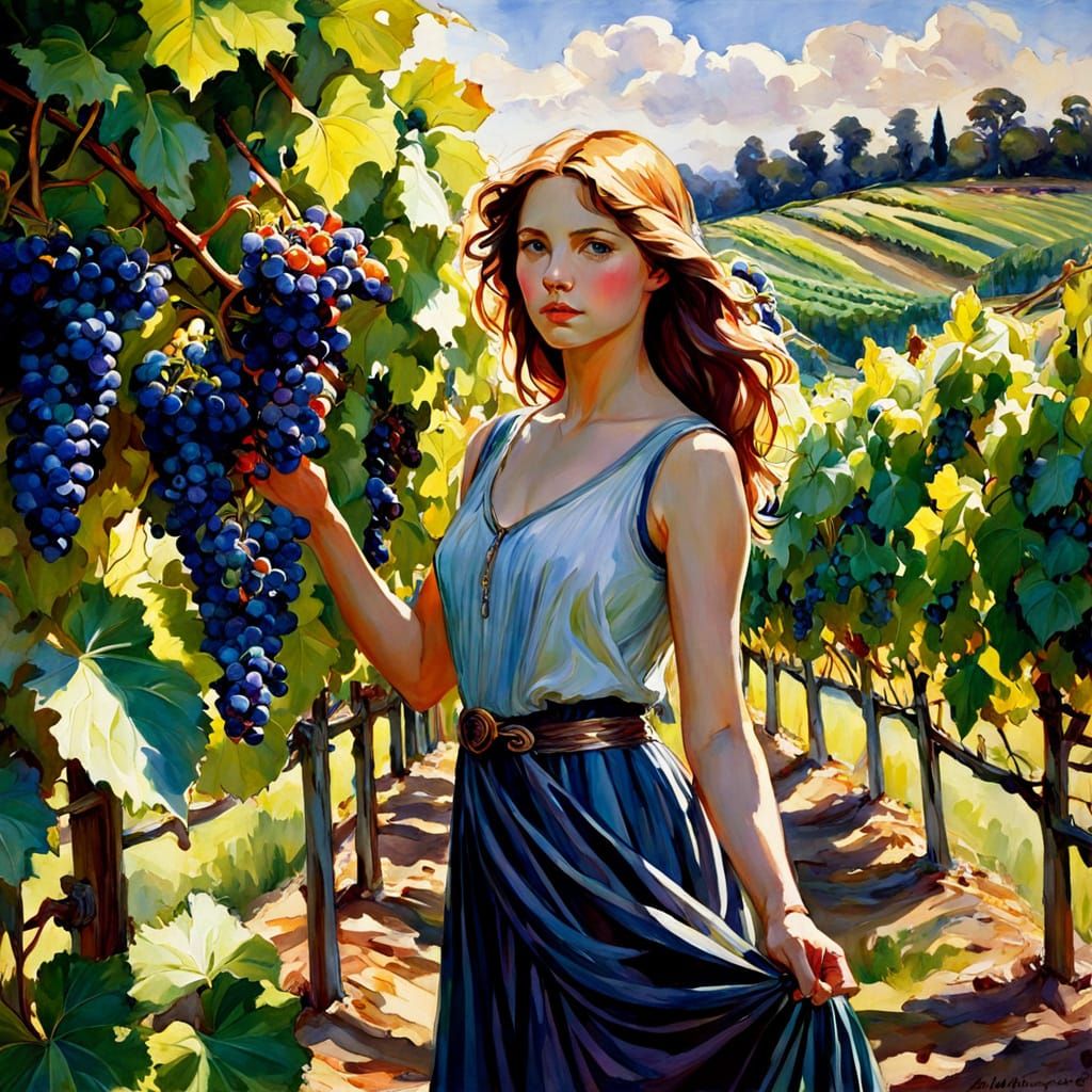 Surrealistic Watercolor Scene in a Vineyard