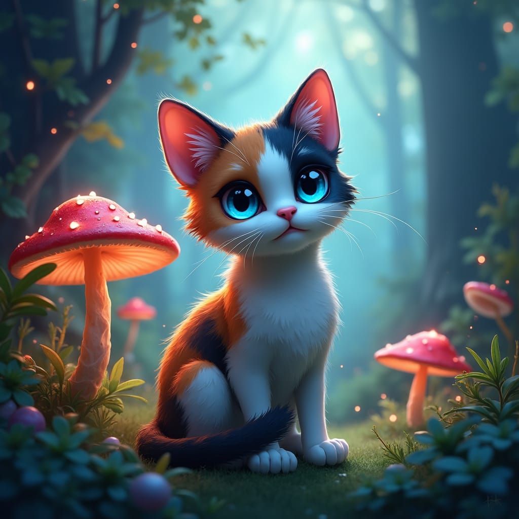 Calico Cat with Blue Eyes in Dreamlike Forest