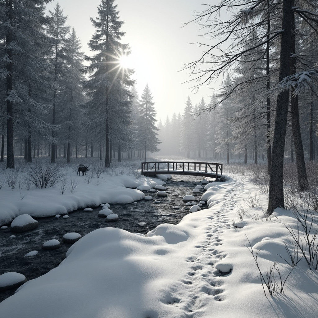 Snowy Maine Forest with Bridge, Matte Painting Style