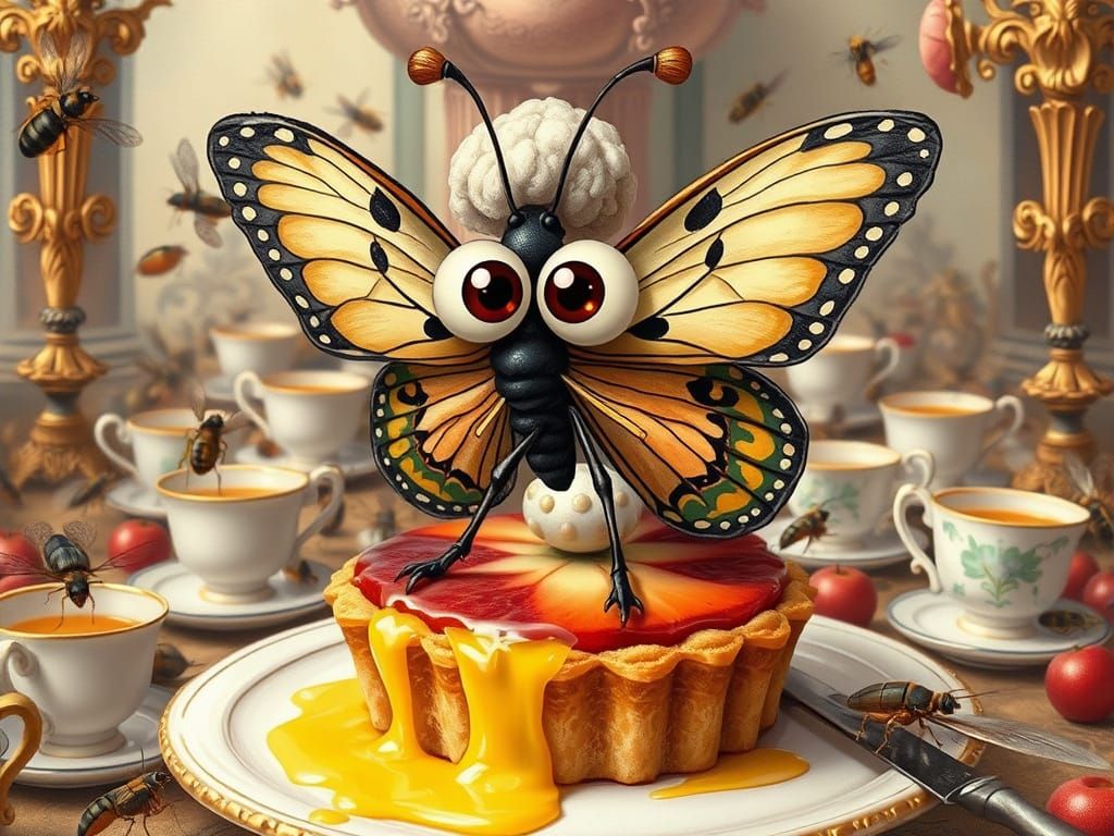 Baroque Butterfly on Melting Tart, Hand-Painted Illustration