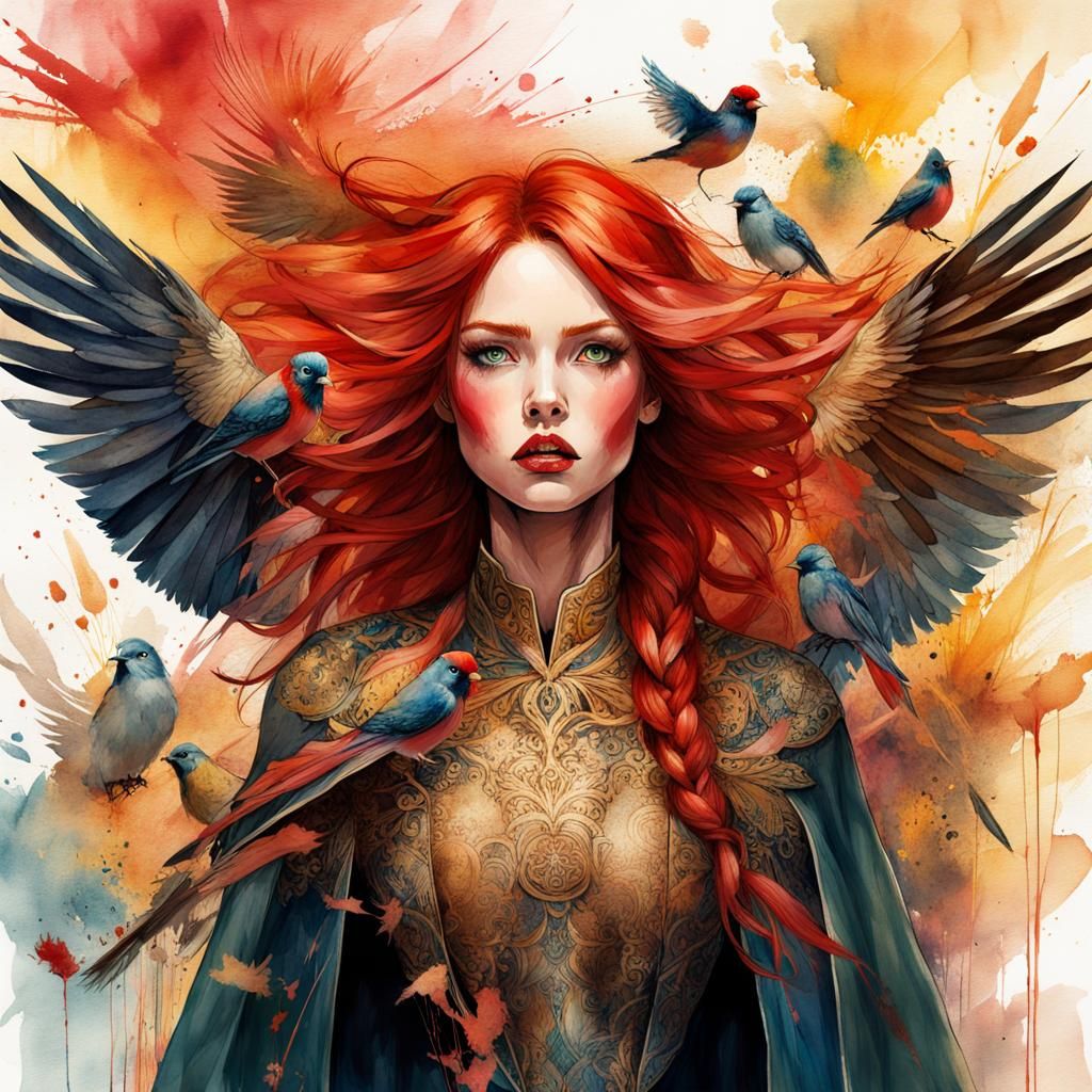 Angry Red-Haired Doll in Digital Watercolor Style