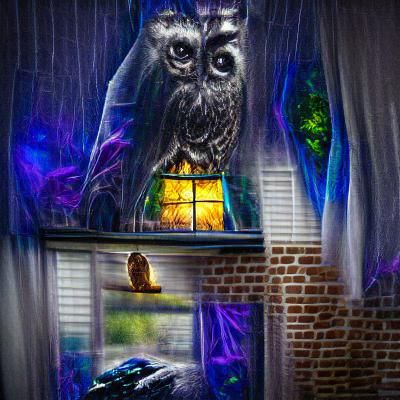 Terrifying Owl at Window in Film Noir Style