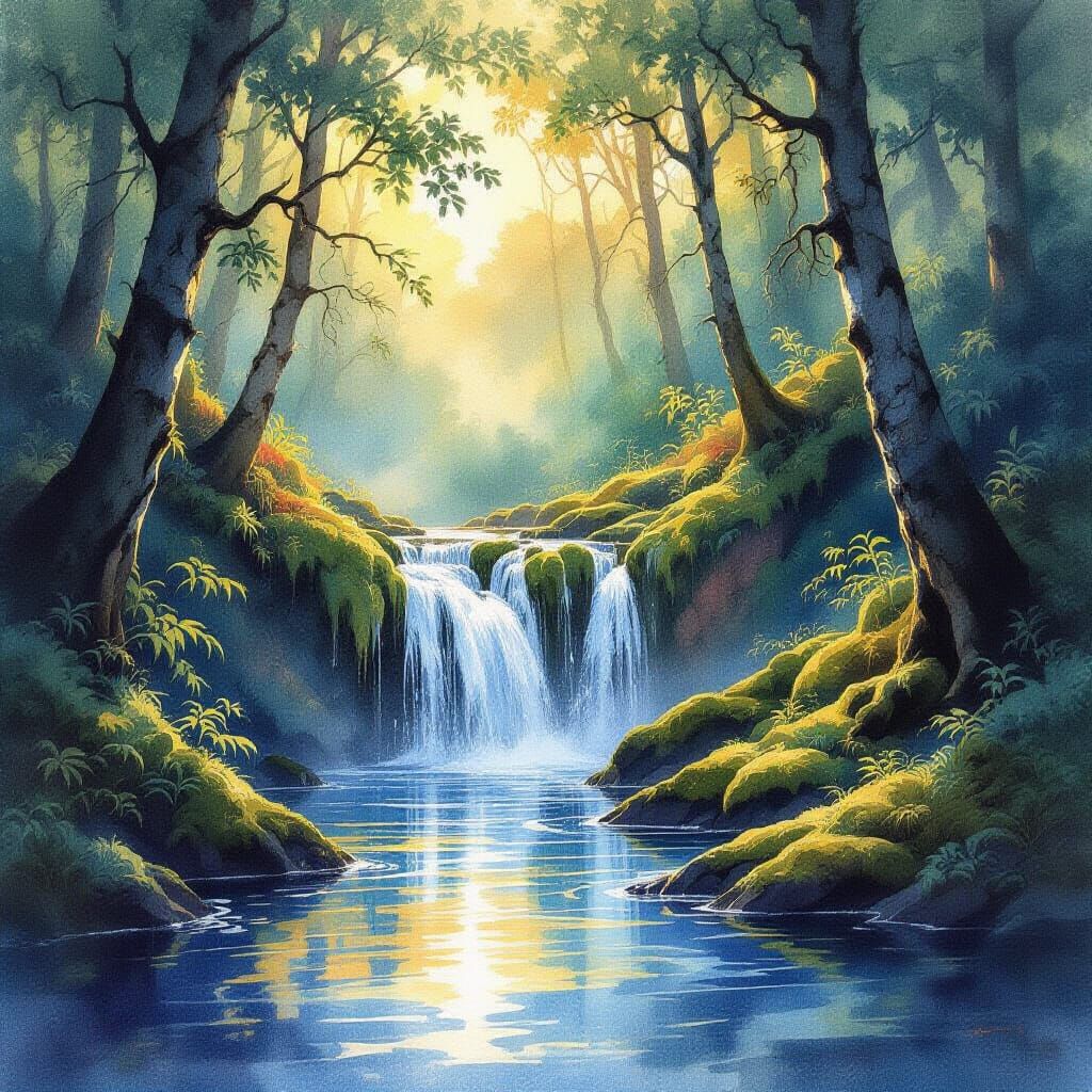 Watercolor Waterfall in Ancient Forest with Swirling Light