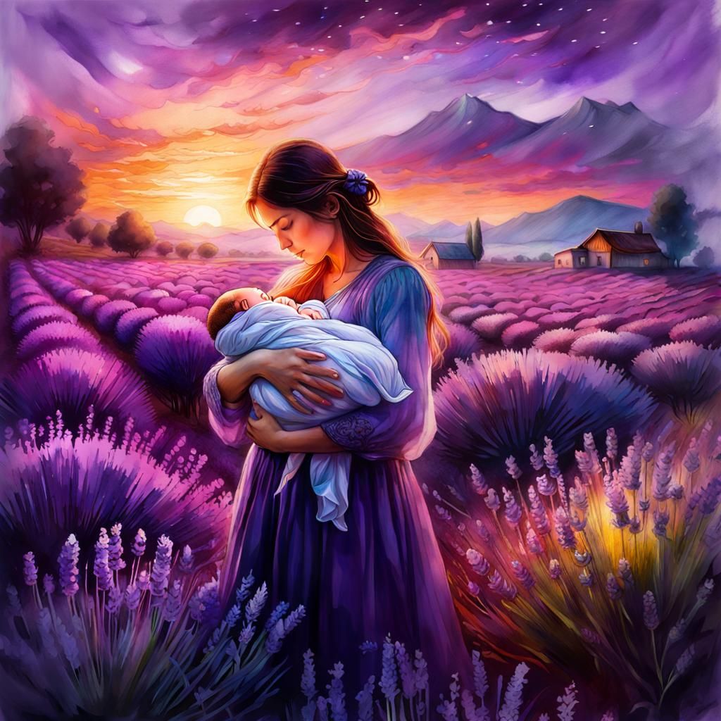Mother and Newborn in Lavender Field: Anime Watercolor