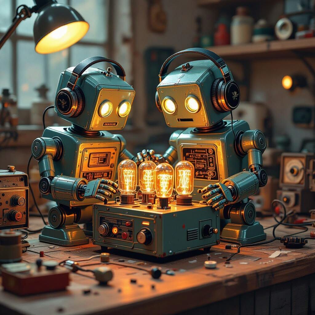Vintage Robot Builds Glowing Tube Radio in Retro Workshop