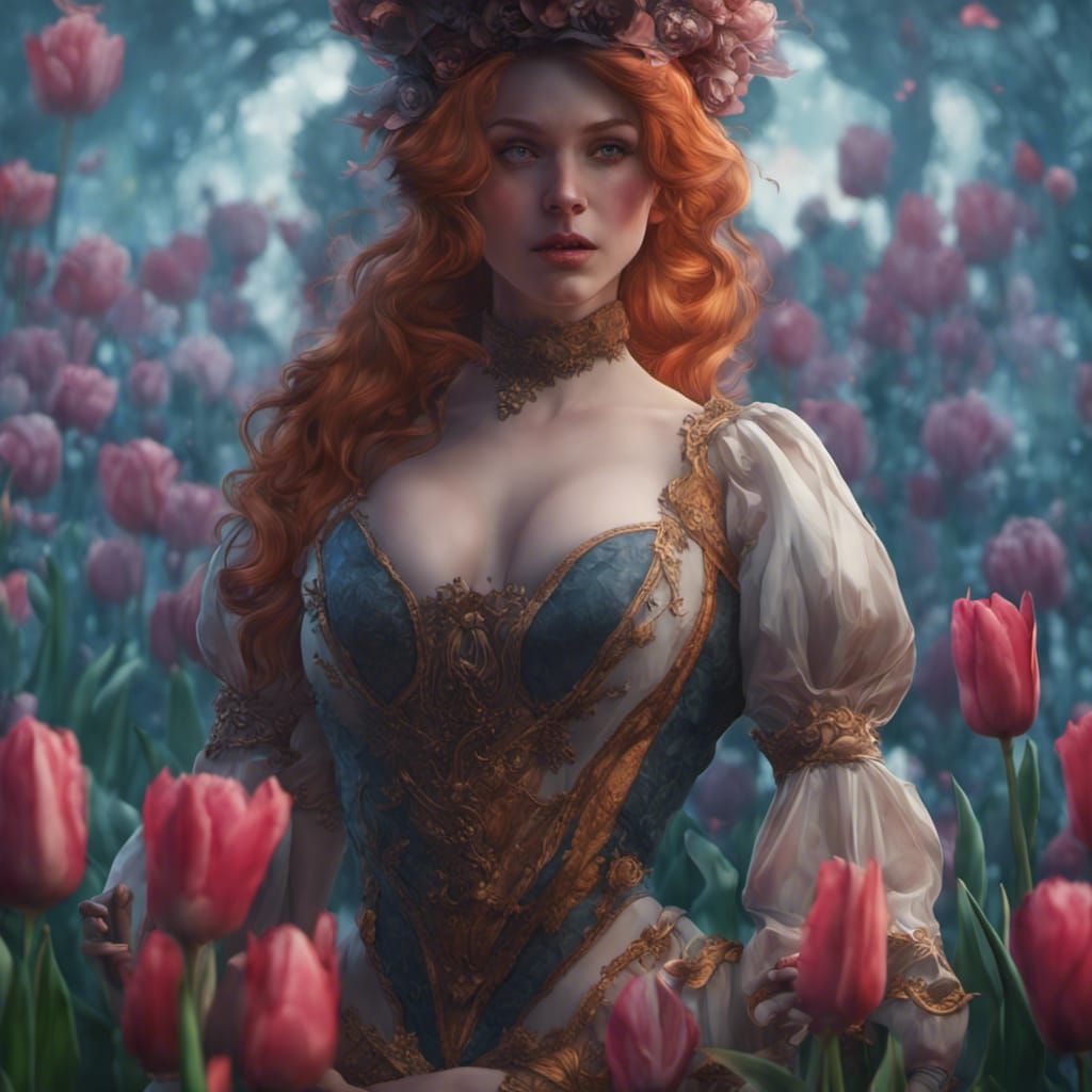 Ginger Cat in Tulips: Dark Fantasy Art