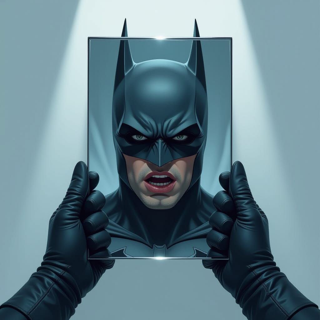 Vulnerable Batman Reflection in Noir Sci-Fi Style