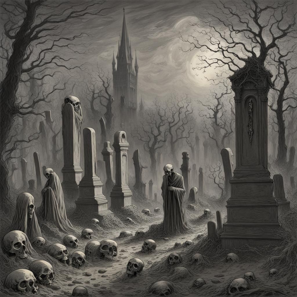Living Skeletons in Abandoned Graveyard, Horror Art