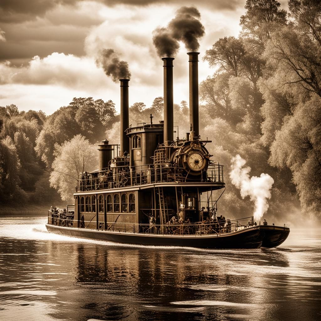 Steampunk Paddle Boat on River in Sepia