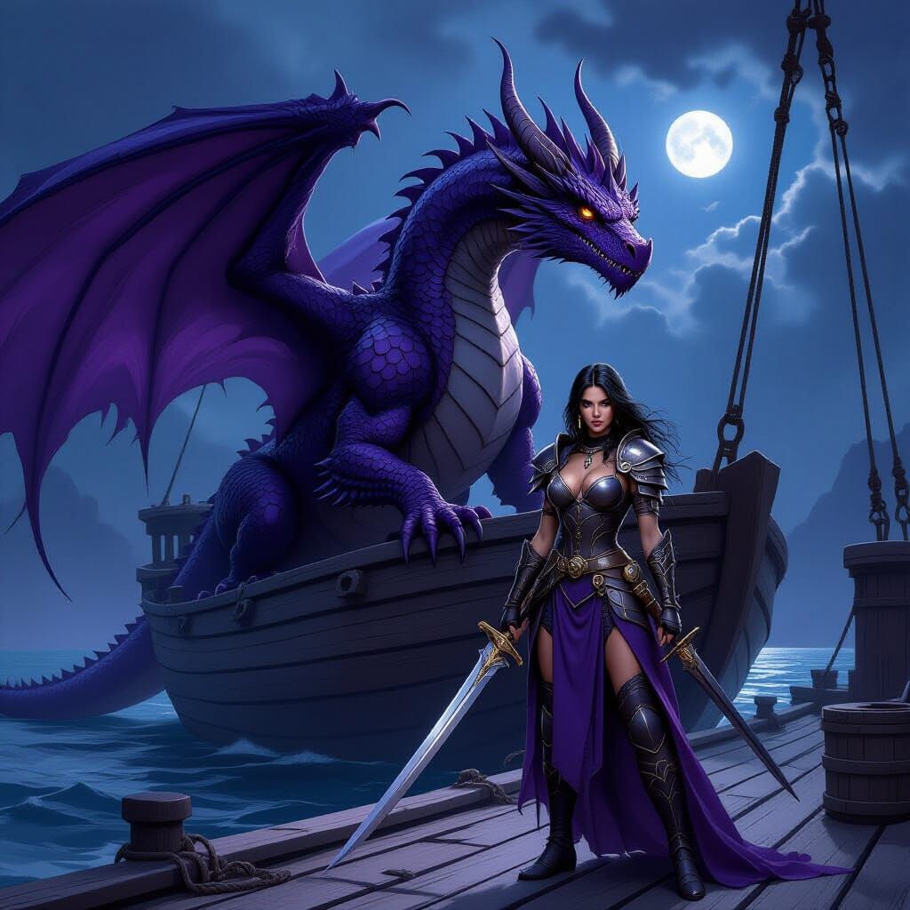 Midnight Purple Dragon and Warrior on Ship Deck