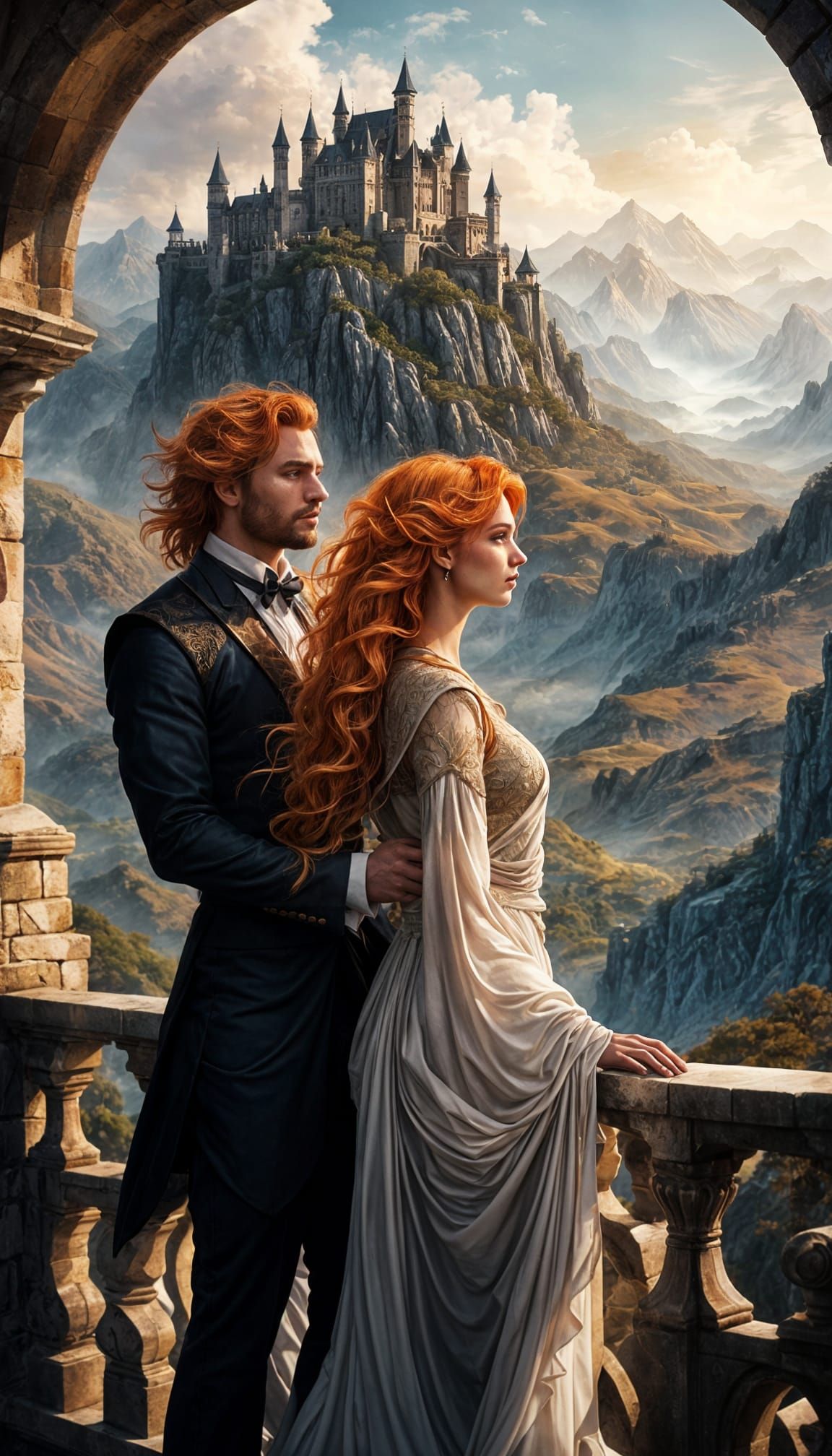 Romantic Couple on Castle Balcony, Dark Fantasy Art