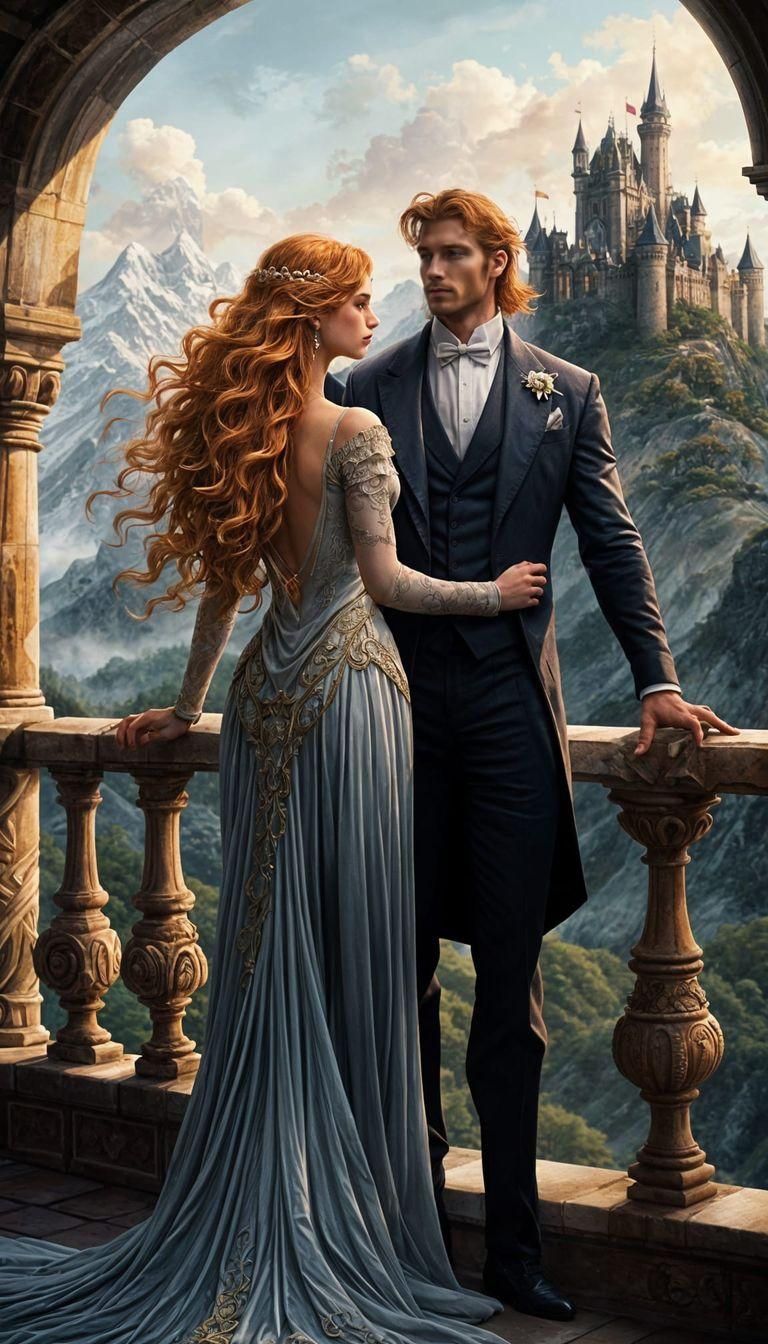 Romantic Couple in Dark Fantasy Castle Landscape