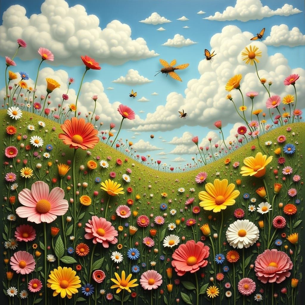 Pop Surrealist Landscape with Flowers and Insects