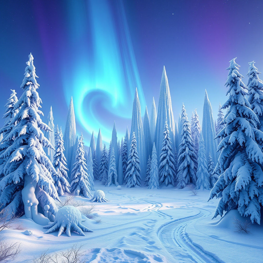 Mystical Winter Wonderland with Aurora Borealis