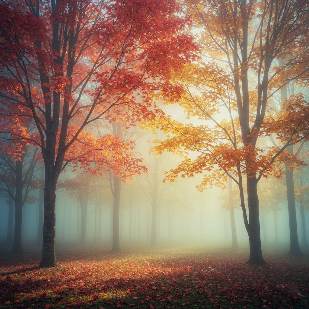 Glowing Autumn Forest in Thick Fog, Impasto Painting Style