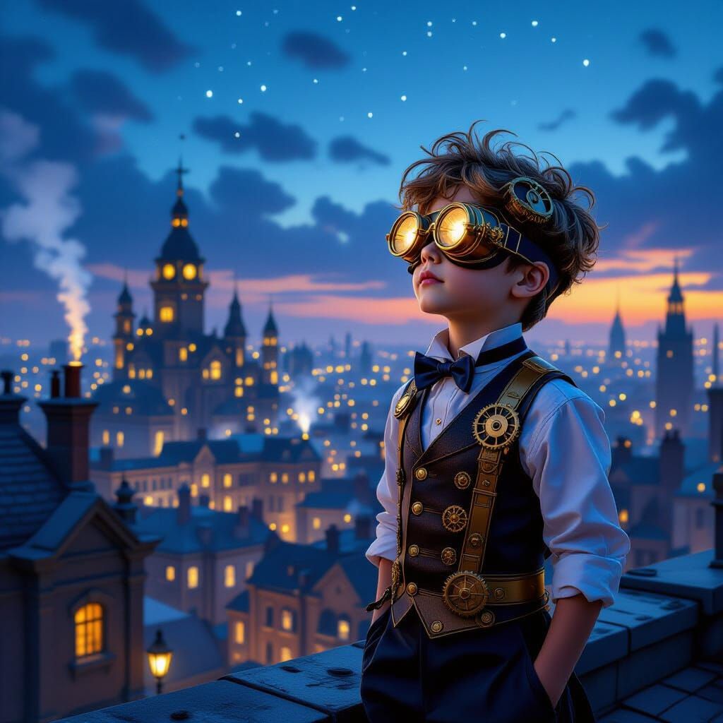Steampunk Boy Overlooking Victorian City at Dusk