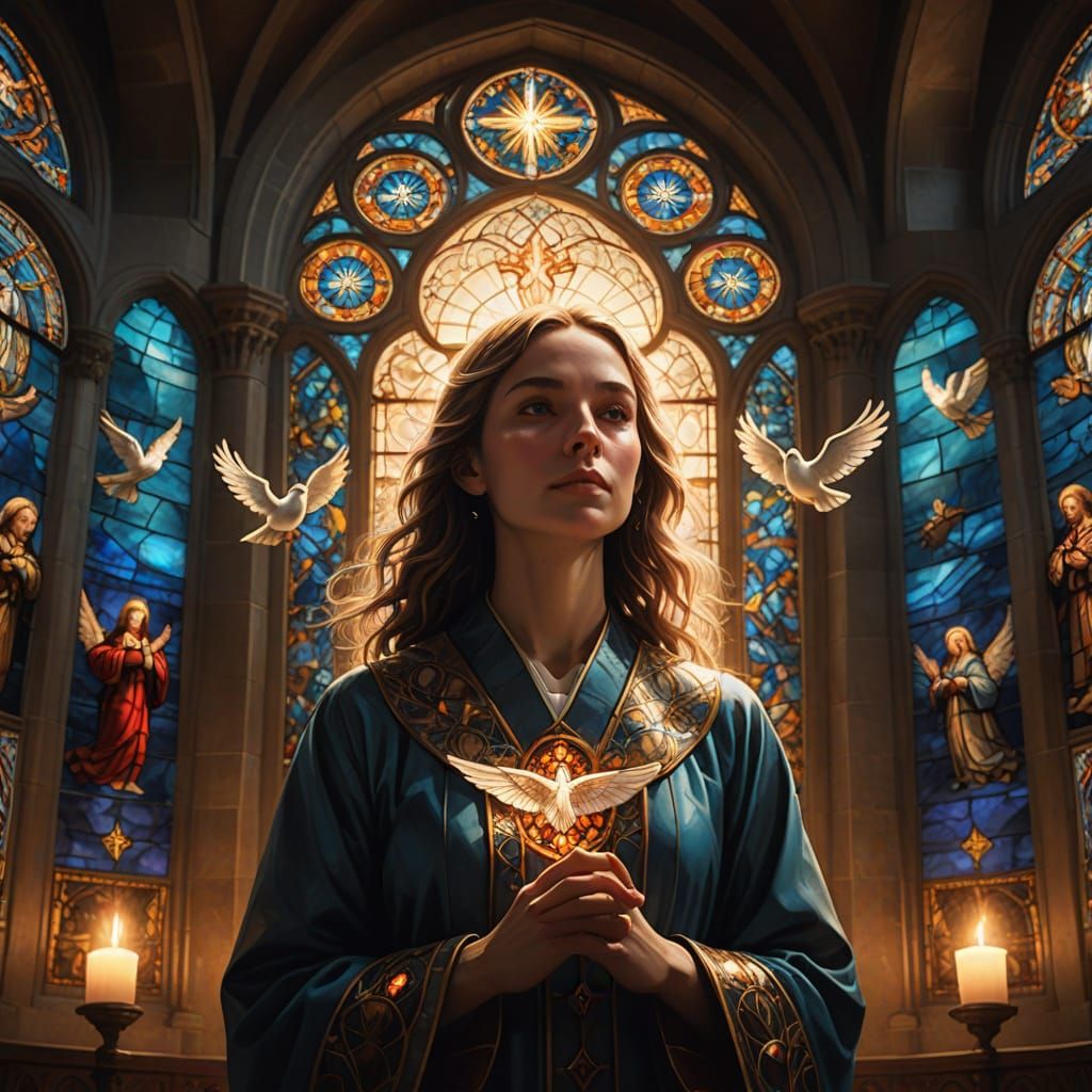 Surrealist Chapel Scene with Holy Spirit Dove