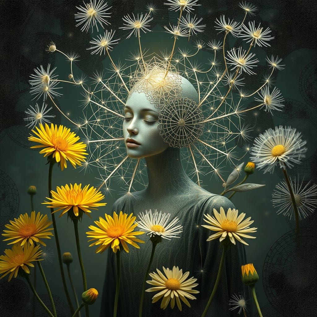 Ethereal Lost Star Radiating Light Among Dandelions