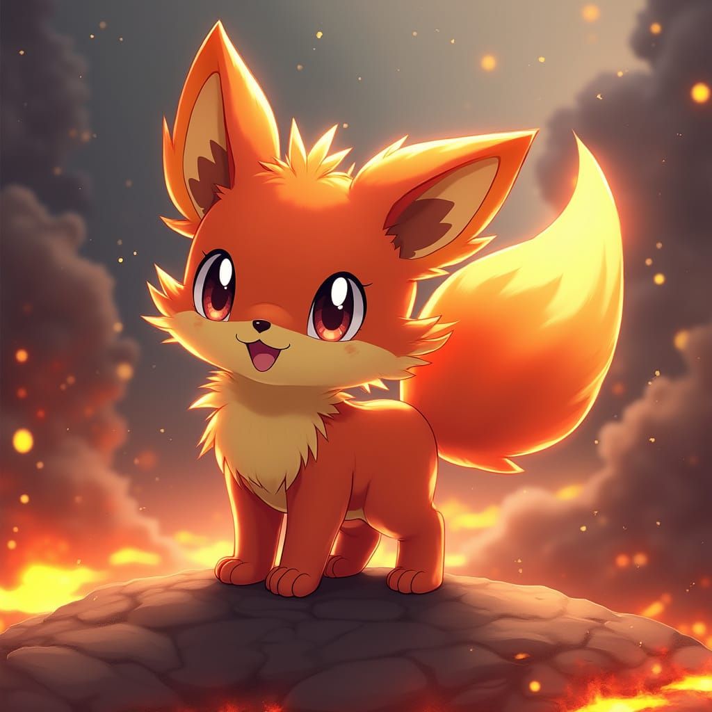 Mystical Fox-Like Creature in Volcanic Landscape