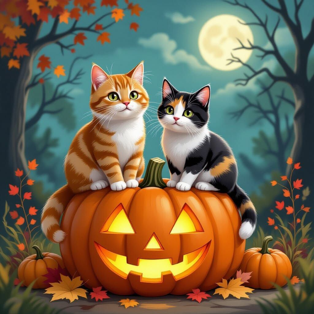 Tabby and Calico Cats on Pumpkin, Halloween Art