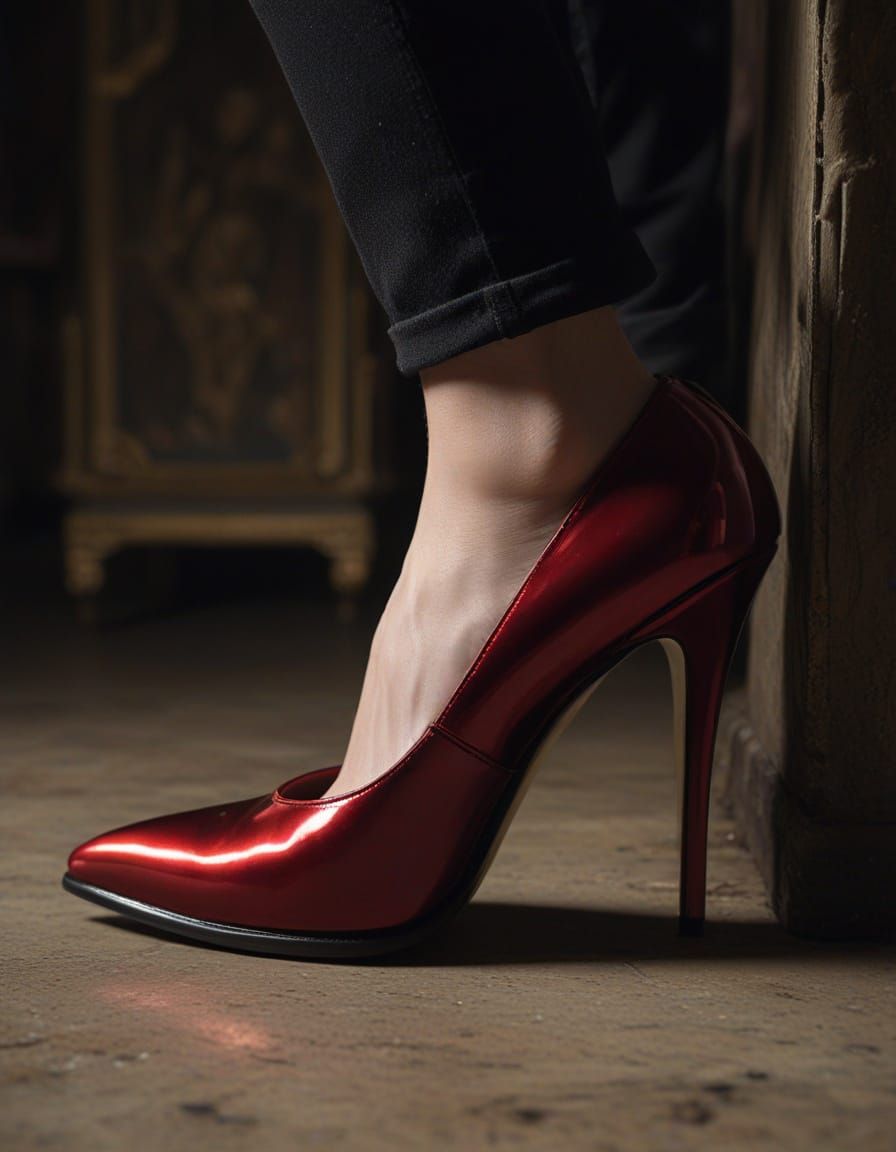 A strikingly elegant high-heeled shoe showcases a glossy, vivid red finish, exuding a sense of bold sophistication. The ...