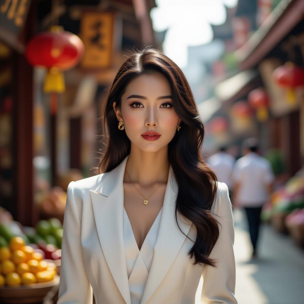 Contemplative Woman in Shanghai Marketplace: Hyperrealistic ...