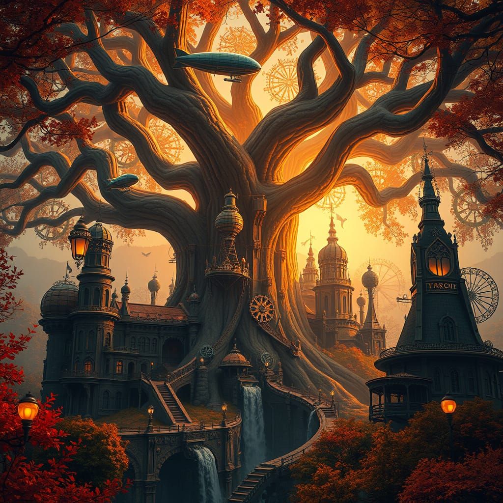 Steampunk City in Ancient Tree, Digital Art