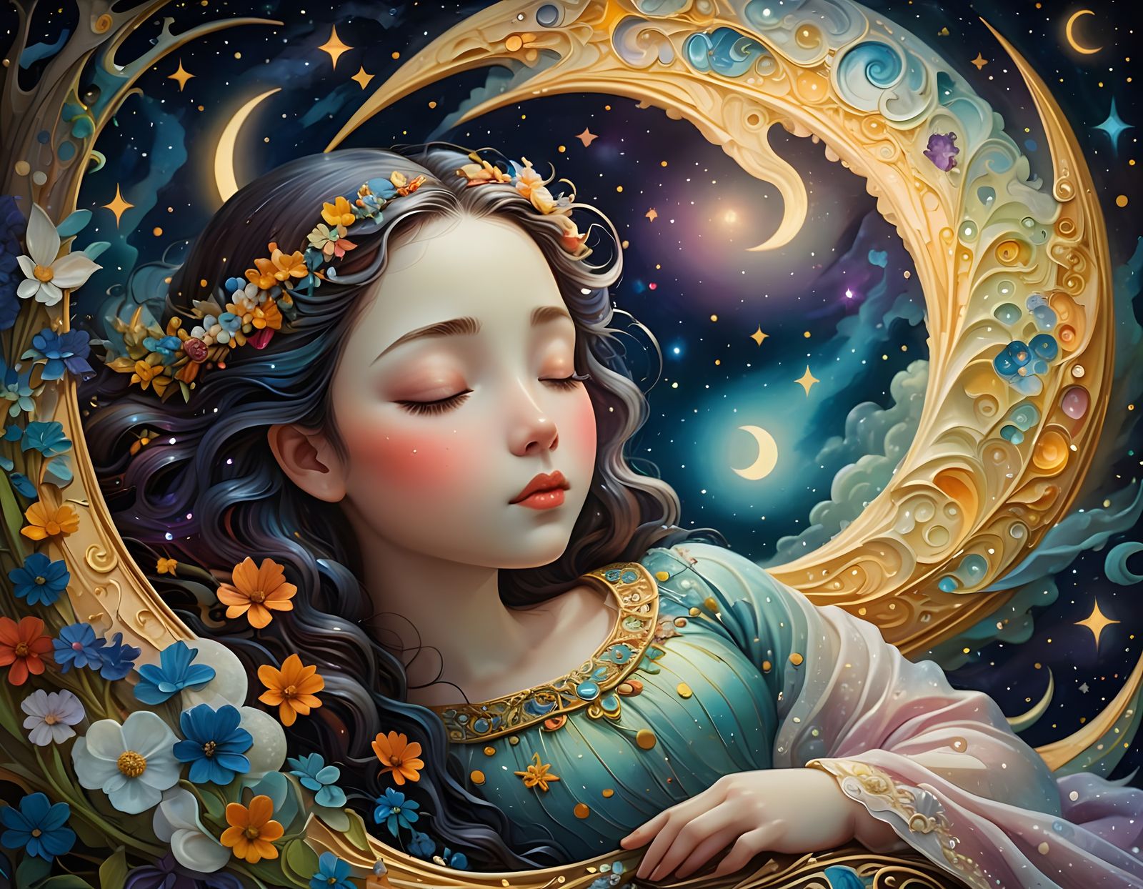 Dreamy Moonscape in Whimsical Naive Art Style