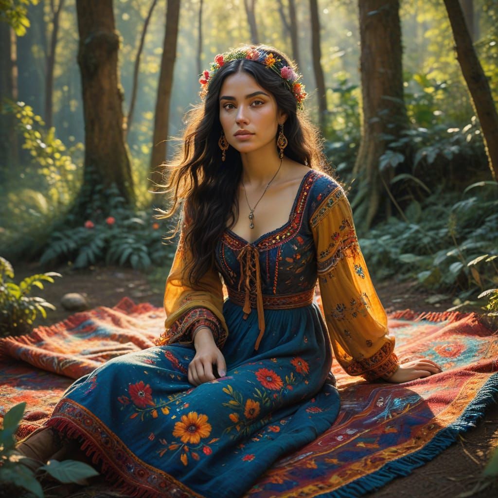 Romantic Bohemian Gypsy Woman in Lush Forest