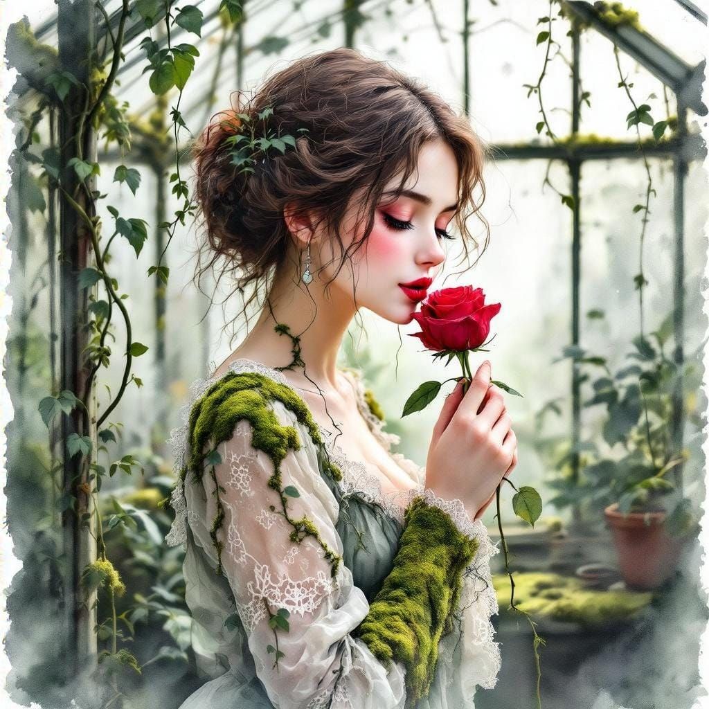 Ethereal Lady in Whimsical Greenhouse Scene