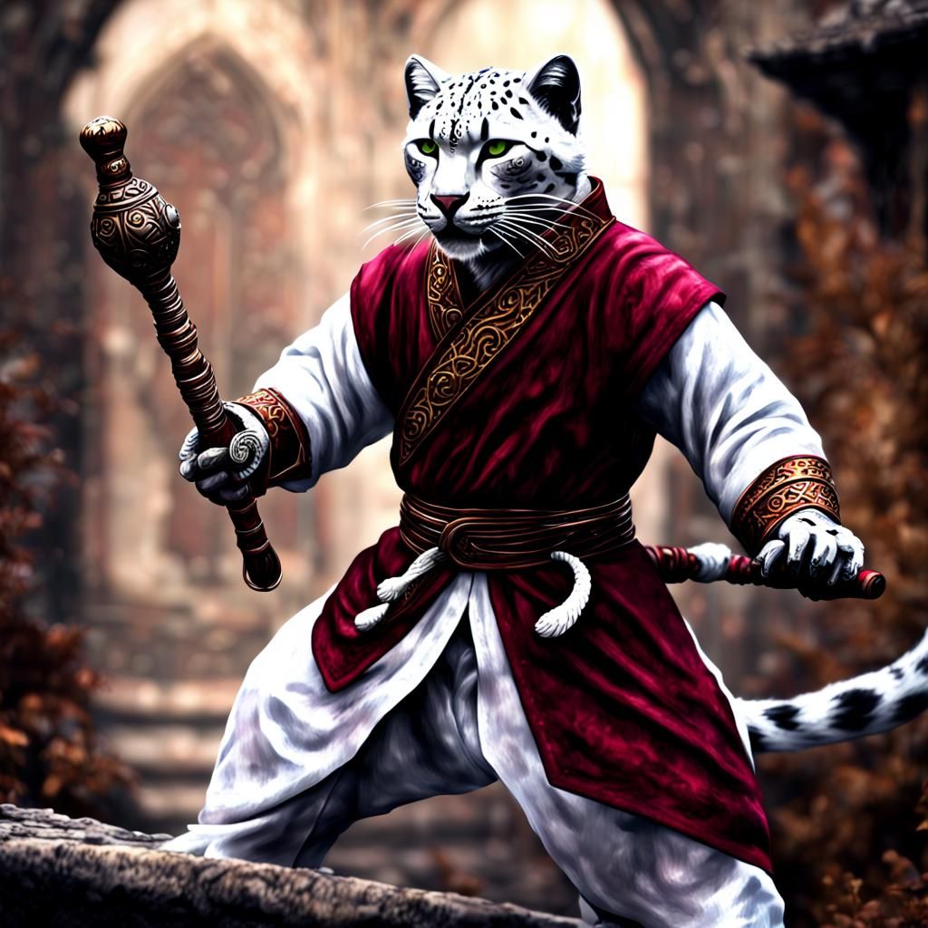 Hyperrealistic Tabaxi Monk in Burgundy and White Uniform