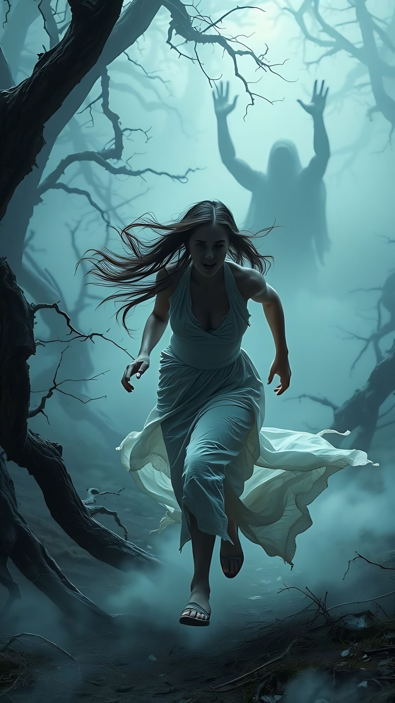 Maiden Fleeing Shadowy Woodland Illusions