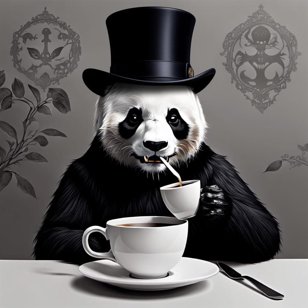 Gothic Panda Enjoys Tea with Killer Mustache