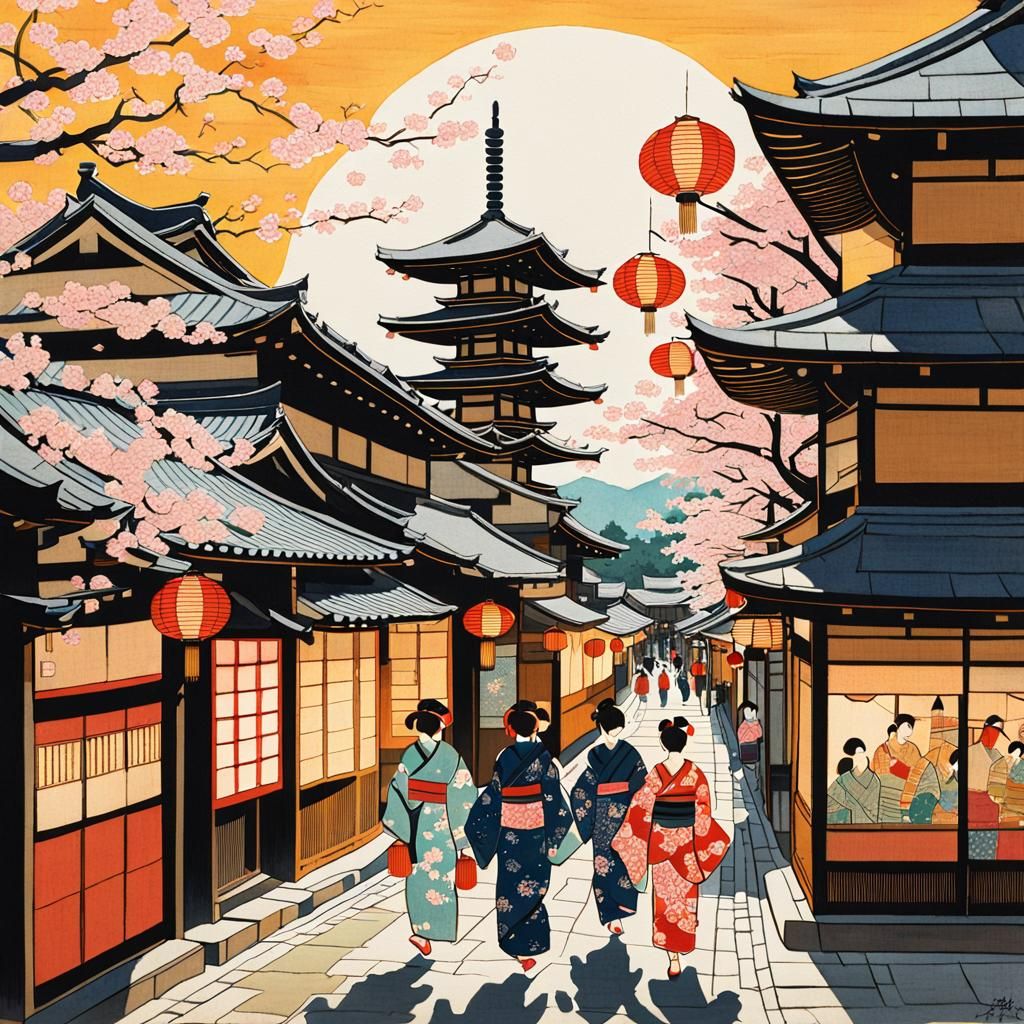Vibrant Ukiyo-e Street Scene with Cherry Blossoms